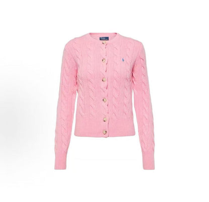 Ralph Lauren Petite Spurs Embroidered Solid Wool and Cashmere Blend Plaid Knit Round Neck Long Sleeve Seamless Fan-Style Button Front Pullover Sweater Standard Fit Women's Style