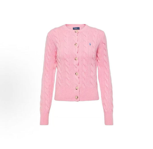 Ralph Lauren Petite Spurs Embroidered Solid Wool and Cashmere Blend Plaid Knit Round Neck Long Sleeve Seamless Fan-Style Button Front Pullover Sweater Standard Fit Women's Style