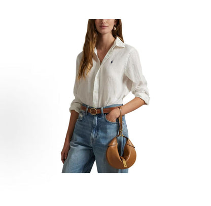 Ralph Lauren Petite Spurs Embroidered Solid Linen V-Neck Long Sleeve Sleeveless Collar Button Front Shirt - Blonde Hair - Women's - White