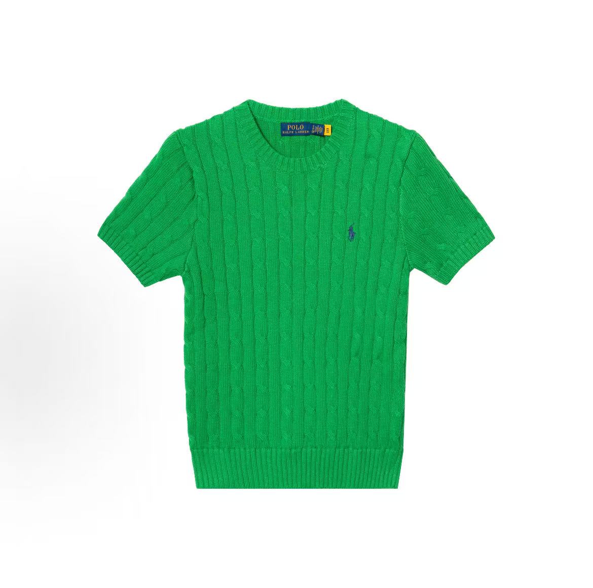 Ralph Lauren Petite Spurs Embroidered Solid Cotton Twill Knitted Crewneck Pullover Short Sleeve Sweater Standard Fit Women's Green