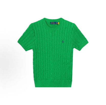 Ralph Lauren Petite Spurs Embroidered Solid Cotton Twill Knitted Crewneck Pullover Short Sleeve Sweater Standard Fit Women's Green