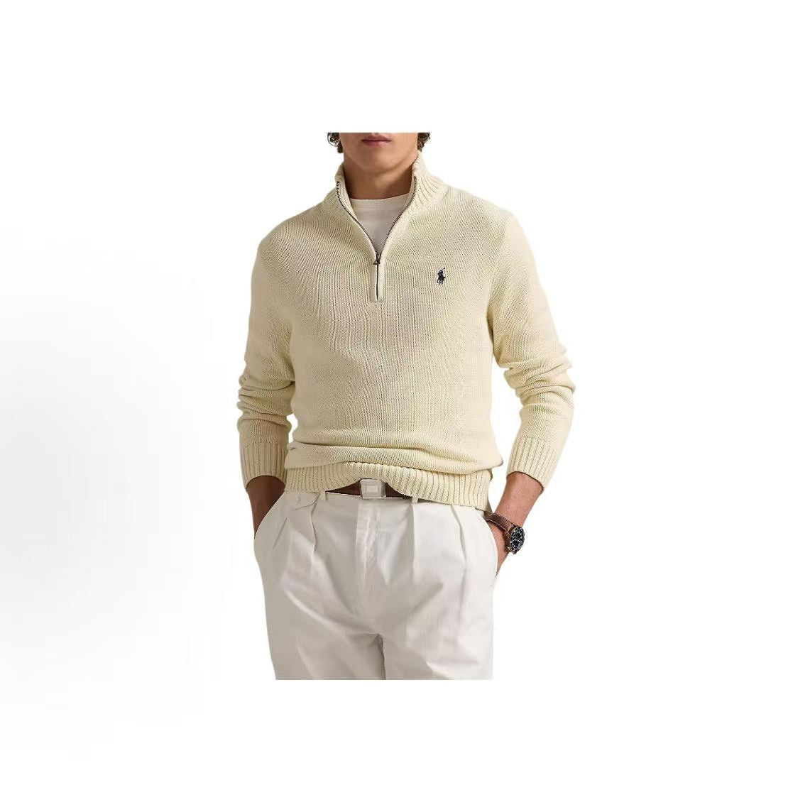Ralph Lauren Small Horse Logo Embroidered Cotton Ribbed High-neck Quarter-Lined Front Pullover Long Sleeve Knit Shirt Standard Fit Men's Style Andover Cream