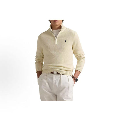 Ralph Lauren Small Horse Logo Embroidered Cotton Ribbed High-neck Quarter-Lined Front Pullover Long Sleeve Knit Shirt Standard Fit Men's Style Andover Cream