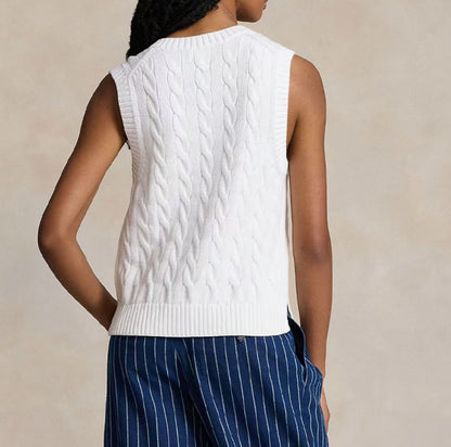 Ralph Lauren Petite Spurs Embroidered Solid Cotton Twill Gathered V-Neck Pullover With Ribbed Sleeve Hems and Slit Skirted Hem Knitted Cardigan Straight Fit Women's White