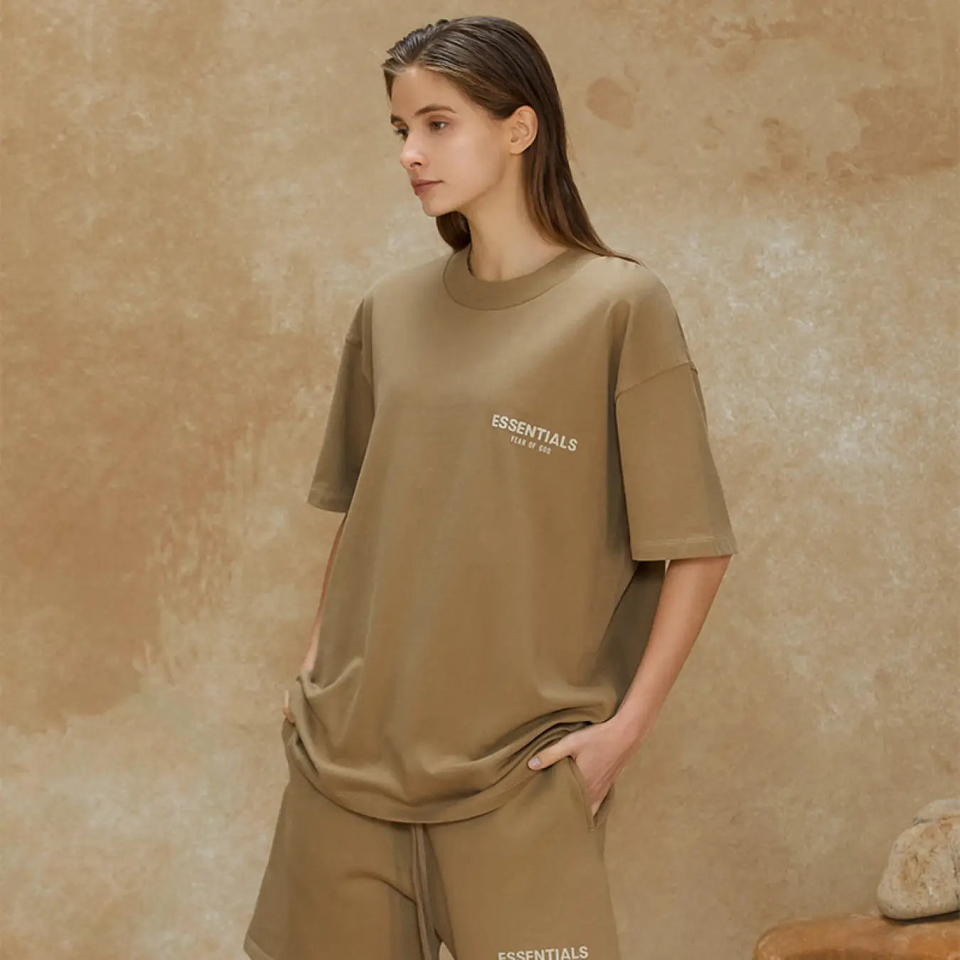 FOG FEAR OF GOD 22 ESSENTIALS double line single row flocking loose T-shirt Oak brown