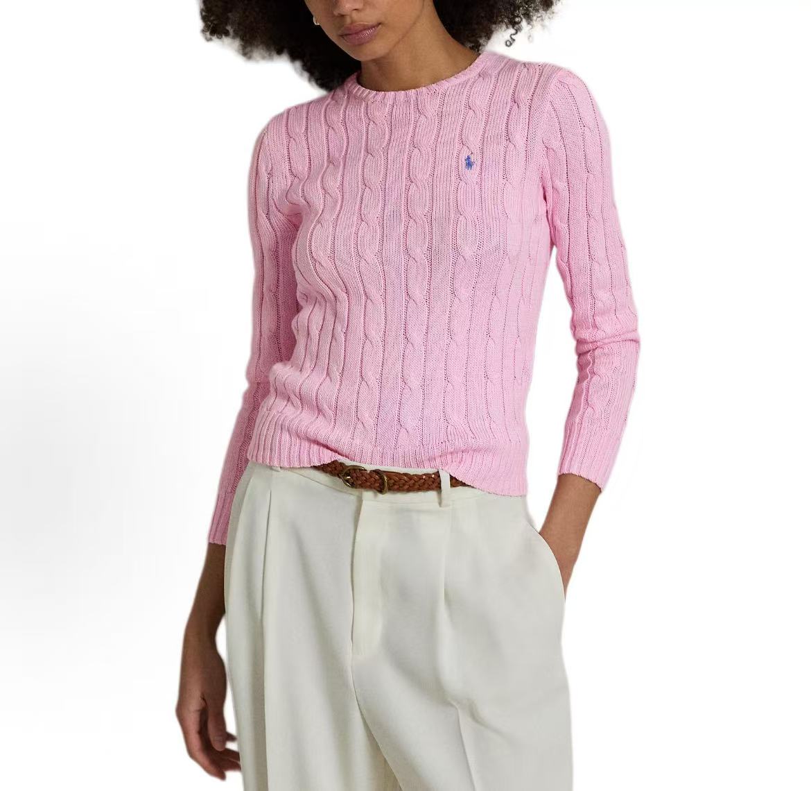 Ralph Lauren Solid Striped Cotton Roundneck Long Sleeve Pullover Sweater - Knitted Shirt - Fitted Style - Women's - Caramel Pink