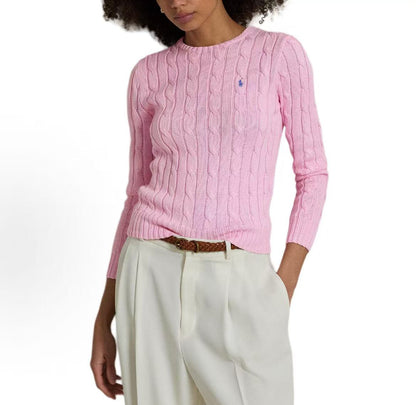 Ralph Lauren Solid Striped Cotton Roundneck Long Sleeve Pullover Sweater - Knitted Shirt - Fitted Style - Women's - Caramel Pink