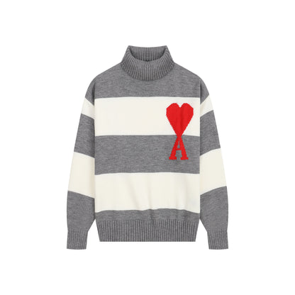 AMI Big Logo Turtleneck Stripe Sweater Cream/Grey