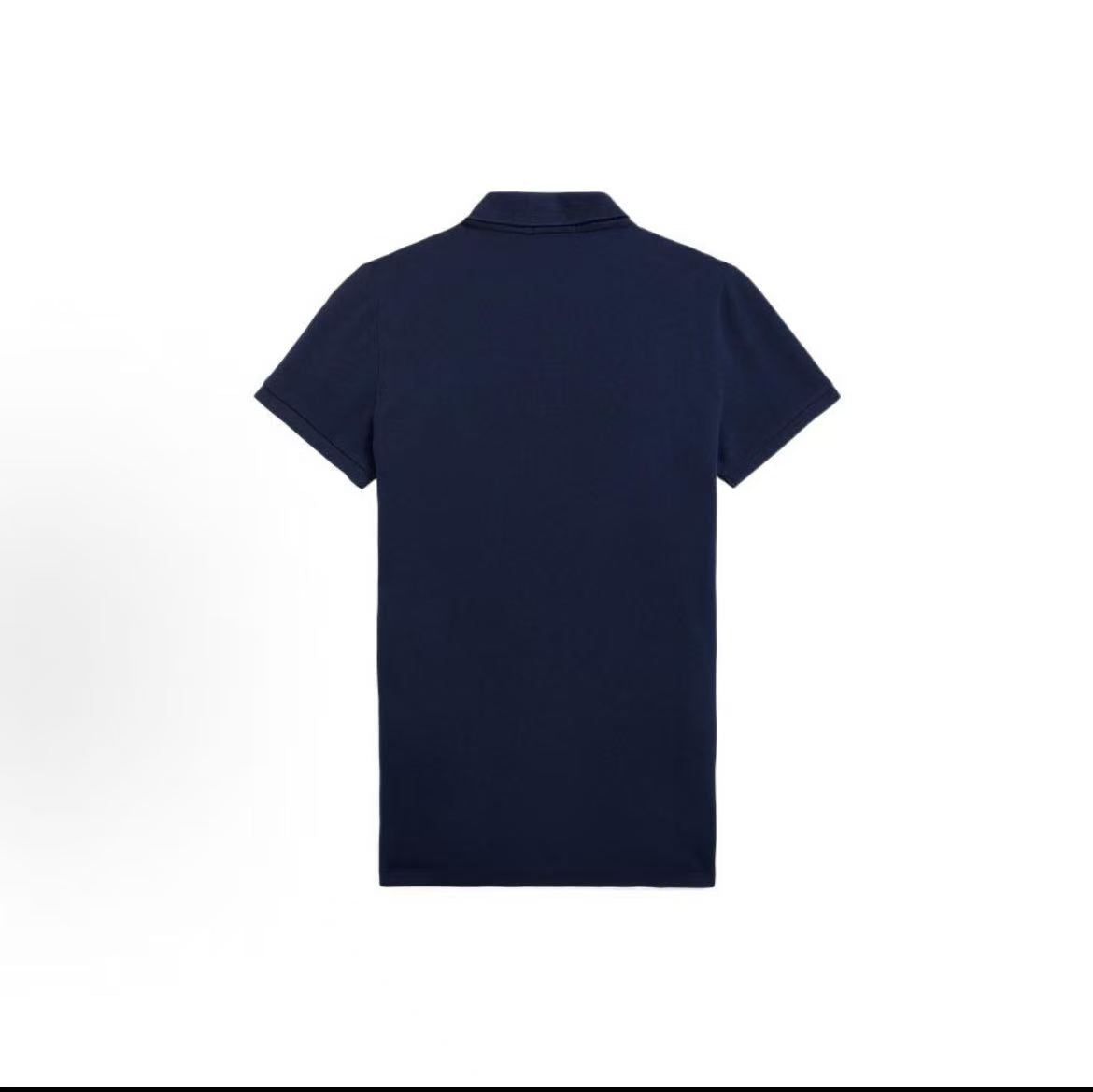 Ralph Lauren SS22 Petite Spurs Embroidery Solid Breathable Stretch Cotton and Polyester Blend Five-Pocket Collar Hooded Short Sleeve Front Short Back Long Hem Polo Shirt - Slim Fit Women's Style - Navy Blue