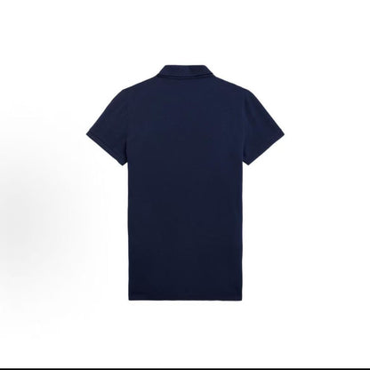 Ralph Lauren SS22 Petite Spurs Embroidery Solid Breathable Stretch Cotton and Polyester Blend Five-Pocket Collar Hooded Short Sleeve Front Short Back Long Hem Polo Shirt - Slim Fit Women's Style - Navy Blue