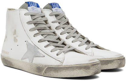 GOLDEN GOOSE حذاء سنيكرز فرانسي كلاسيك طويل الرقبة أبيض وفضي