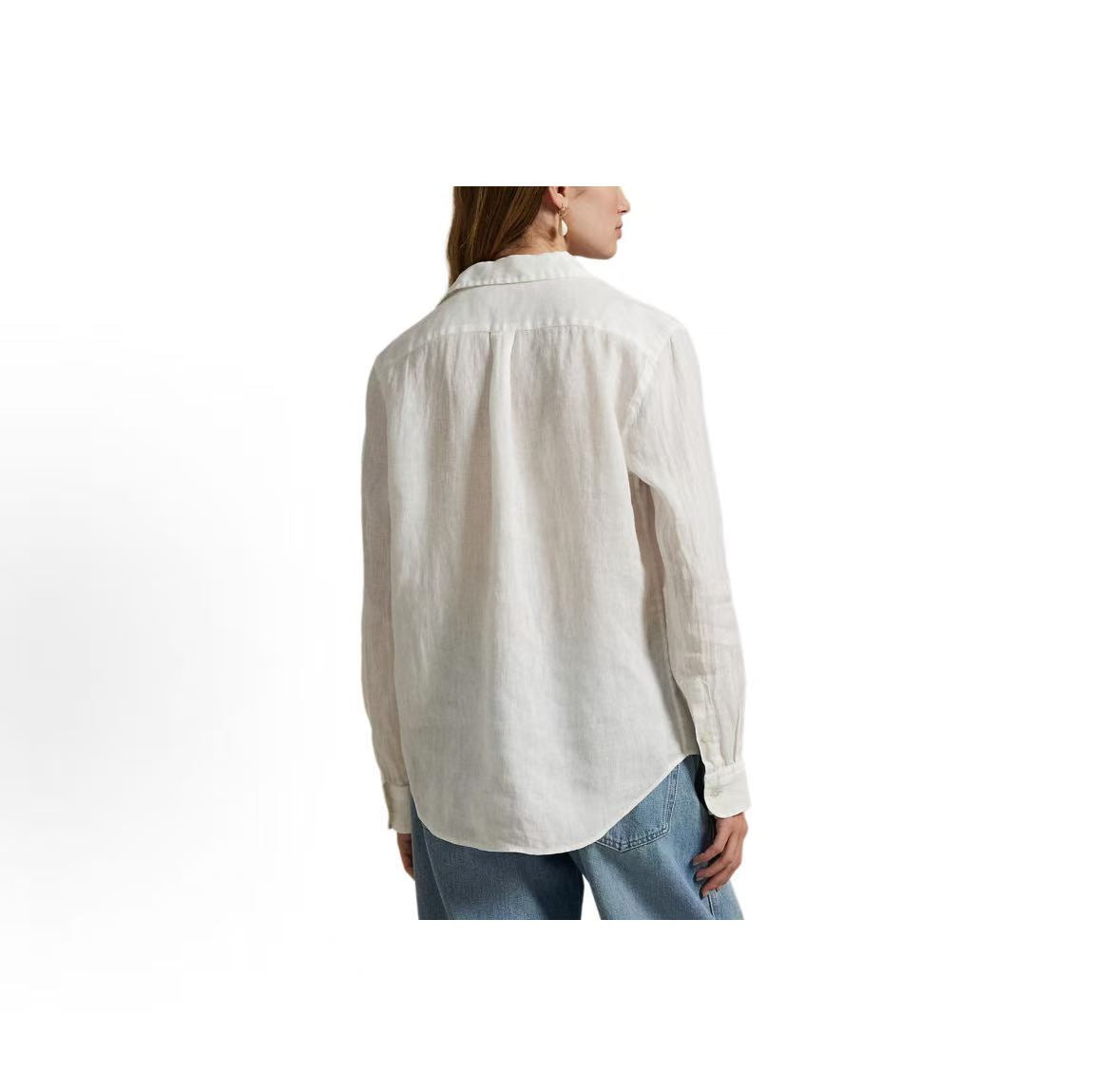 Ralph Lauren Petite Spurs Embroidered Solid Linen V-Neck Long Sleeve Sleeveless Collar Button Front Shirt - Blonde Hair - Women's - White