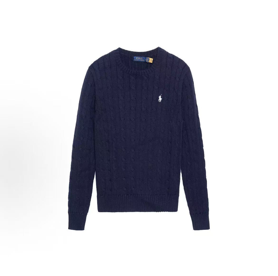 Ralph Lauren SS23 Solid-color Logo Embroidered Coarse Twisted Cotton Pullover Long-Sleeved Knit Shirt Standard Fit Women's Blue