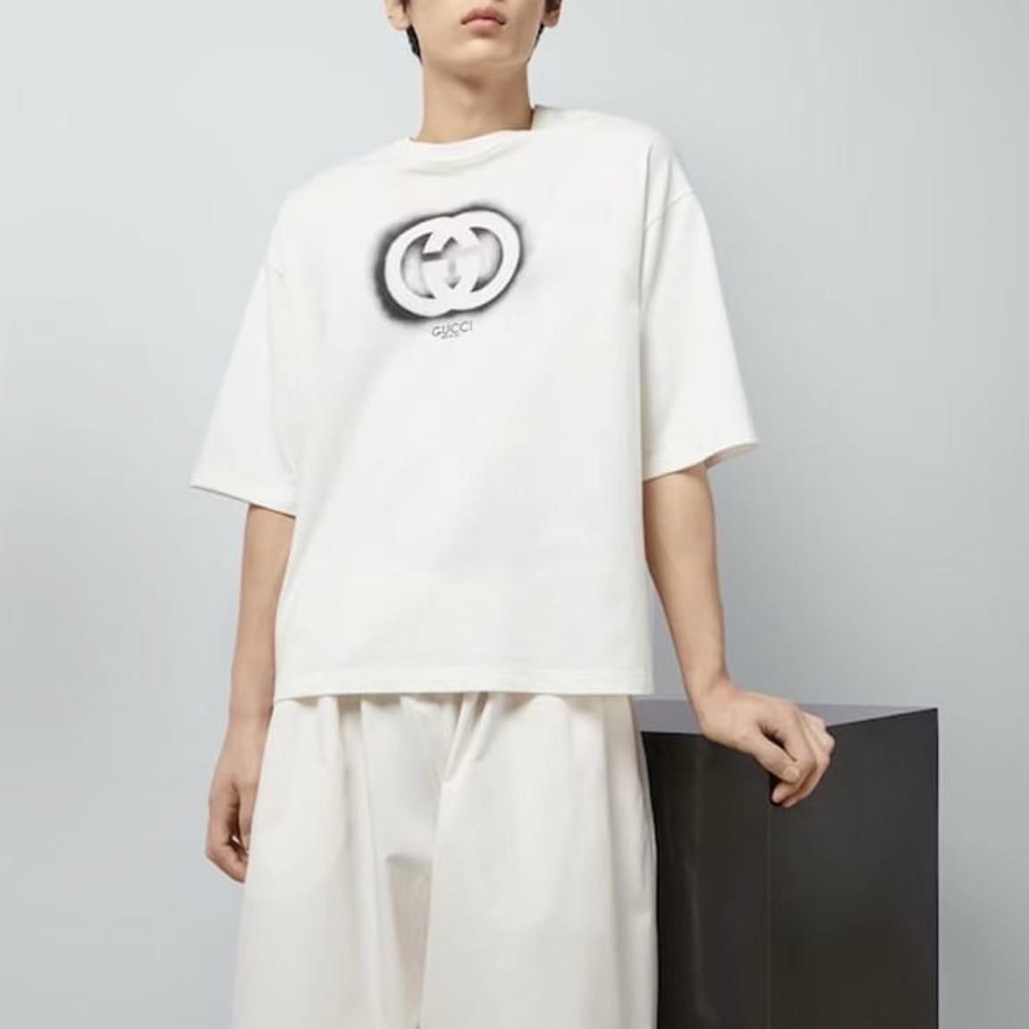 GUCCI 2023 Fall Collection Letter-Print Round-neck Casual Short-Sleeved T-Shirt for Men, White