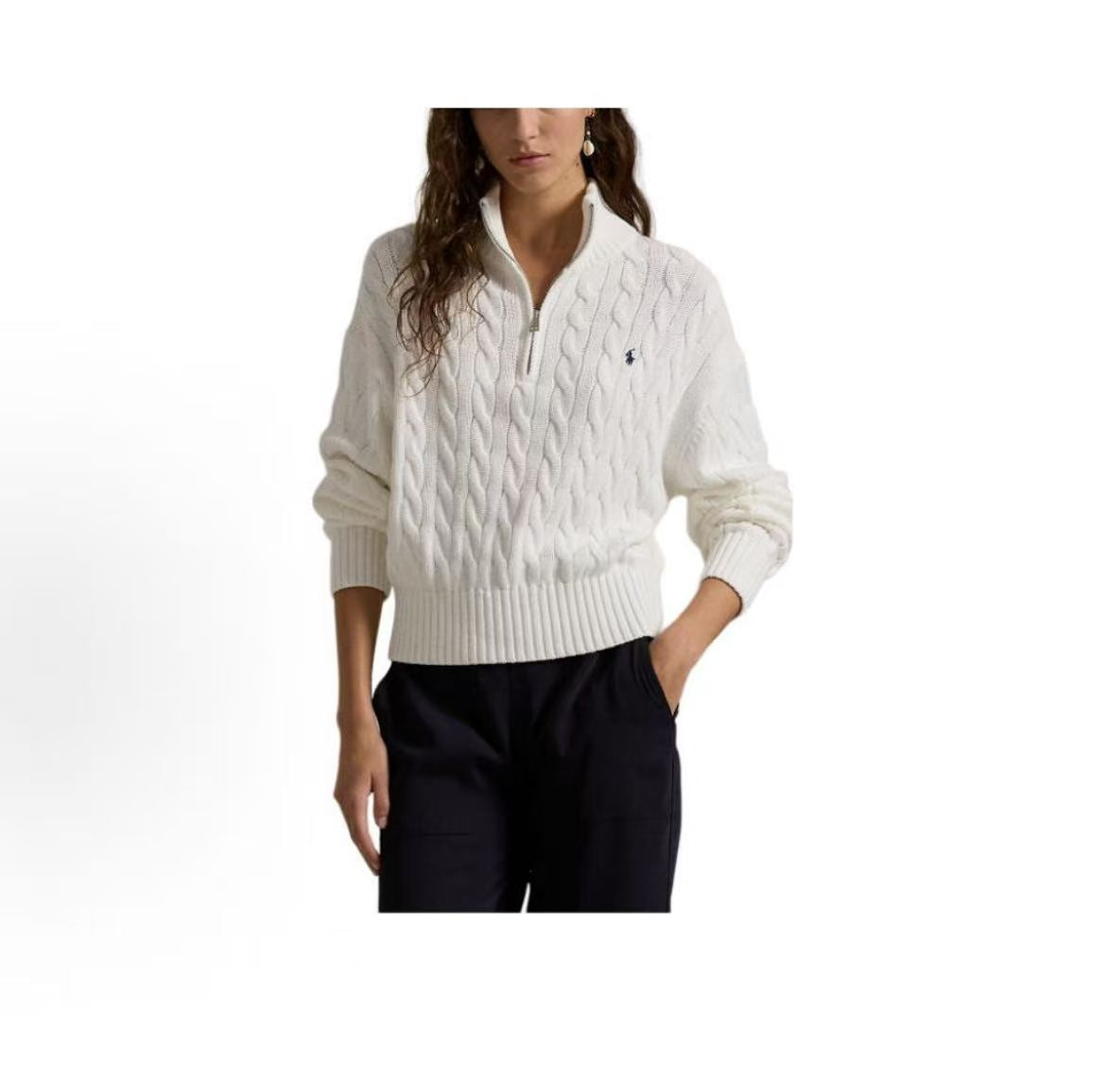 Ralph Lauren Twisted Embroidered Cotton Zip Pullover Plain Sleeveless Sweater Loose Fit Women's White