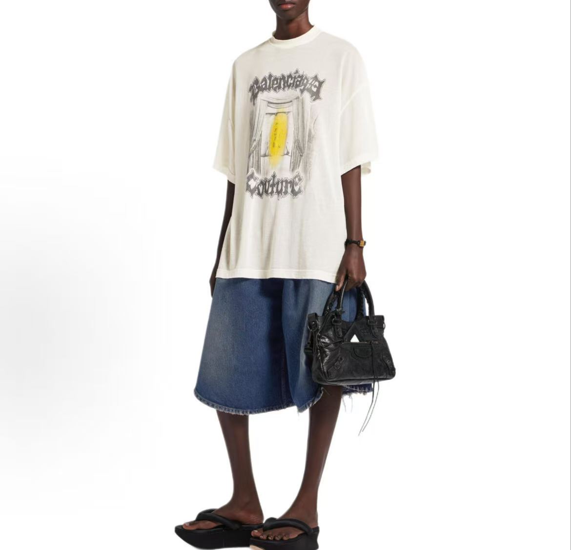 Balenciaga transparent plain knit fabric round-neck short-sleeved SS26 dropped-shoulder sleeve T-shirt for women, loose fit design