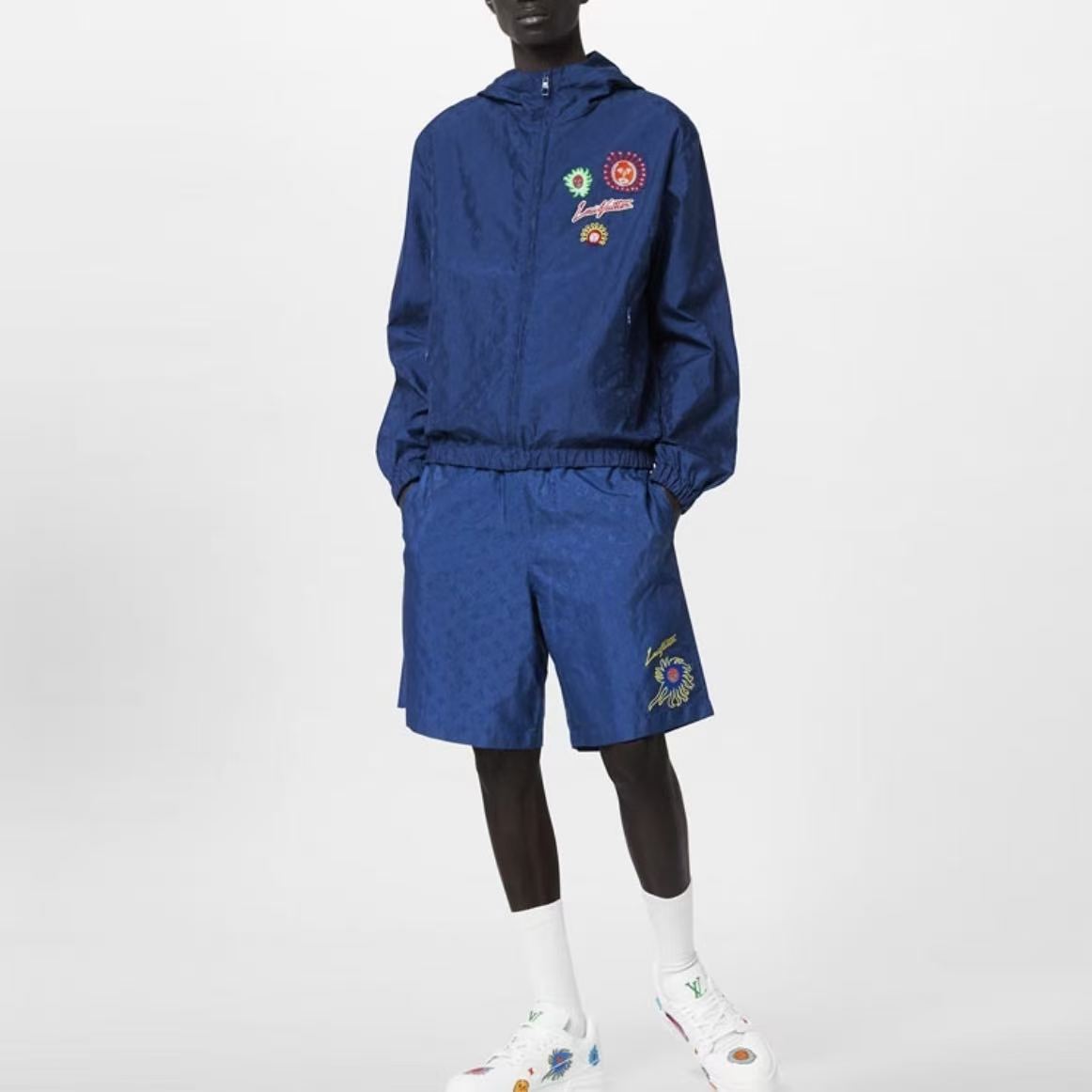 Louis Vuitton × Yayoi Kusama SS23 Men's Blue Windbreaker Jacket with Embroidered All-Over Cartoon Letter Pattern