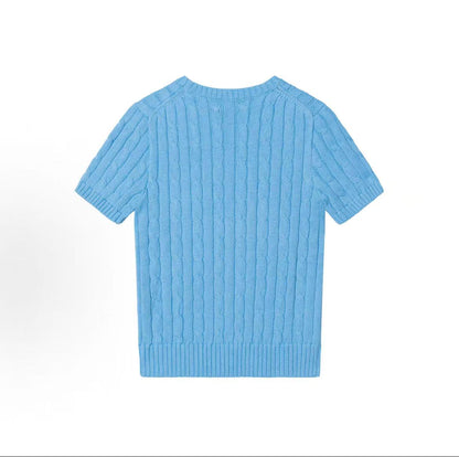 Ralph Lauren SS25 Small Horse Logo Embroidered Cotton Twill Roundneck Short Sleeve Pullover Sweater Knit Top Standard Fit Women's Blue
