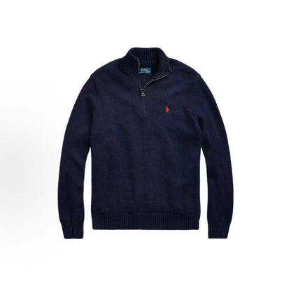 Ralph Lauren SS23 Solid Cotton Logo Small Spikes Embroidery High Neck Half-Zip Ribbed Sleeve Hem Long Sleeve Sweater Standard Fit Men's Blue