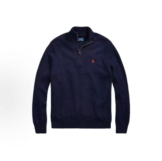 Ralph Lauren SS23 Solid Cotton Logo Small Spikes Embroidery High Neck Half-Zip Ribbed Sleeve Hem Long Sleeve Sweater Standard Fit Men's Blue