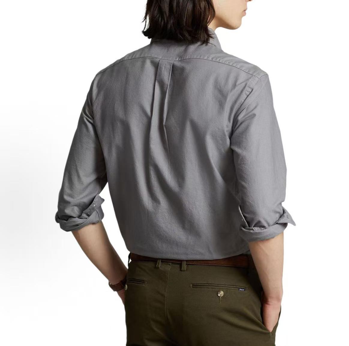 Ralph Lauren SS23 Little Horse Embroidery Solid Cotton Collared Long-Sleeved Button-Down Shirt Seamed Fit Men's Style Gray