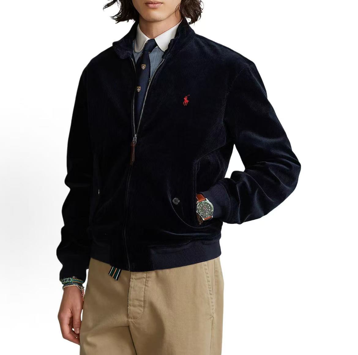 Ralph Lauren Small Spur Embroidered Solid Cotton Long-Sleeved Zip-Up Jacket for Men - Aviation Navy Blue