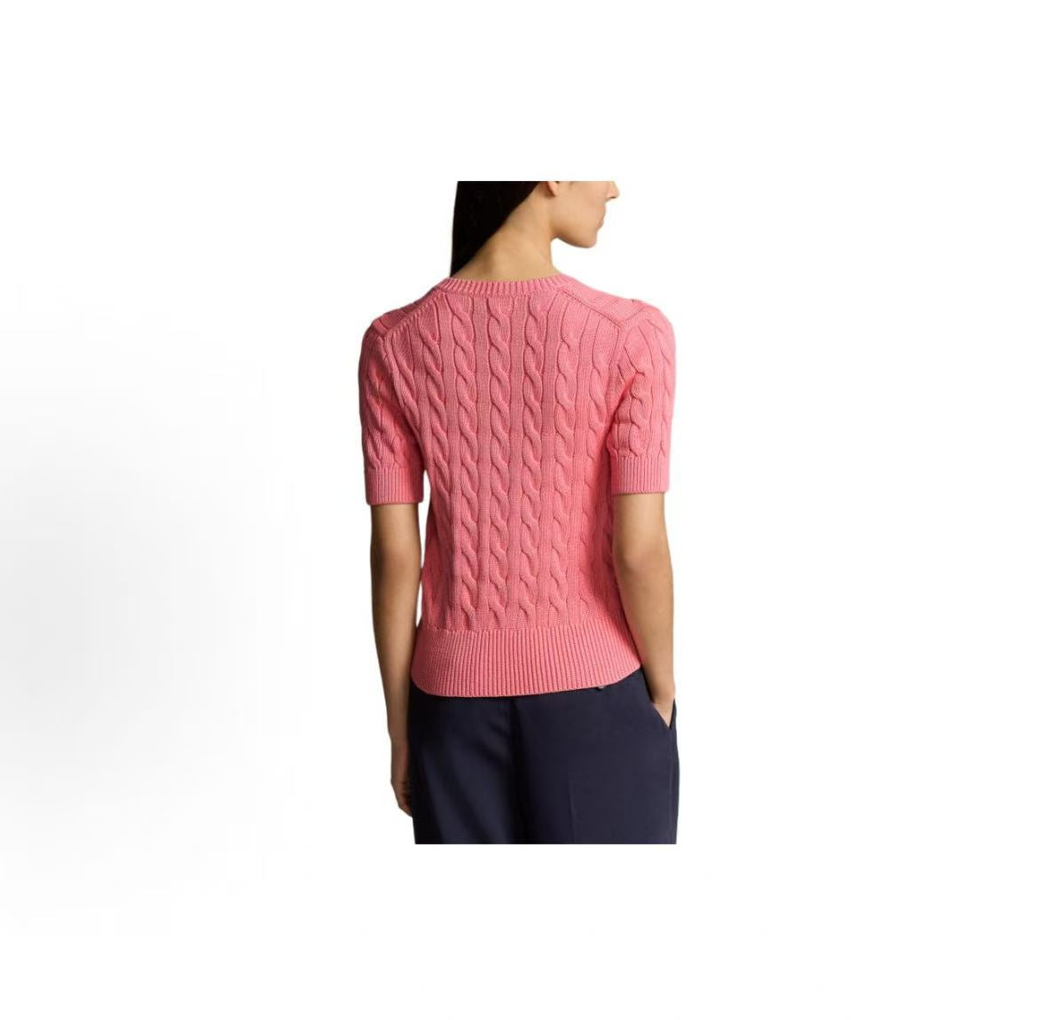 Ralph Lauren SS24 Solid Striped Logo Embroidered Single-Button Short-Sleeved Knit Shirt, Form-fitting Style, Women's Size, Pink