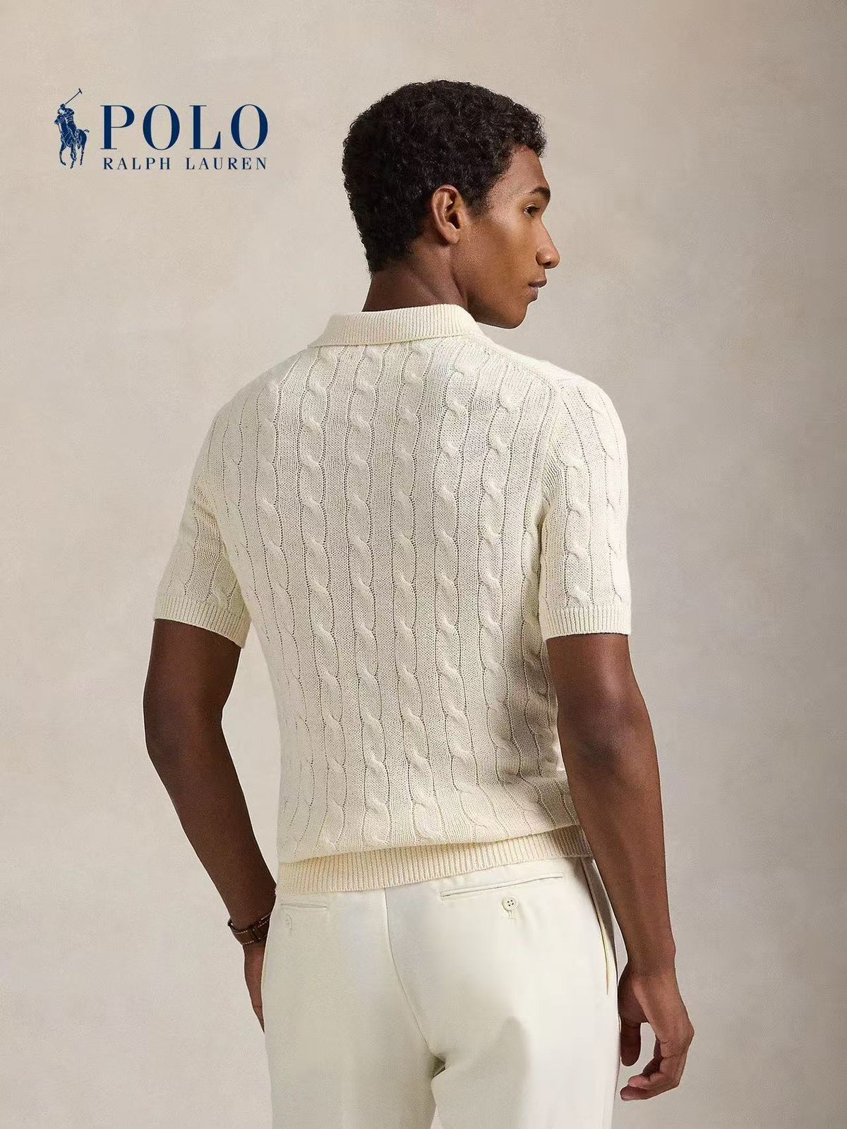 Ralph Lauren Solid Striped Logo Embroidered Short-Sleeved Knit Shirt - Standard Fit - Men's - Cream Color