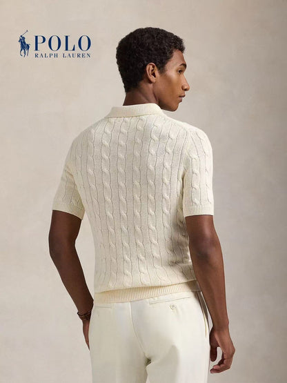 Ralph Lauren Solid Striped Logo Embroidered Short-Sleeved Knit Shirt - Standard Fit - Men's - Cream Color