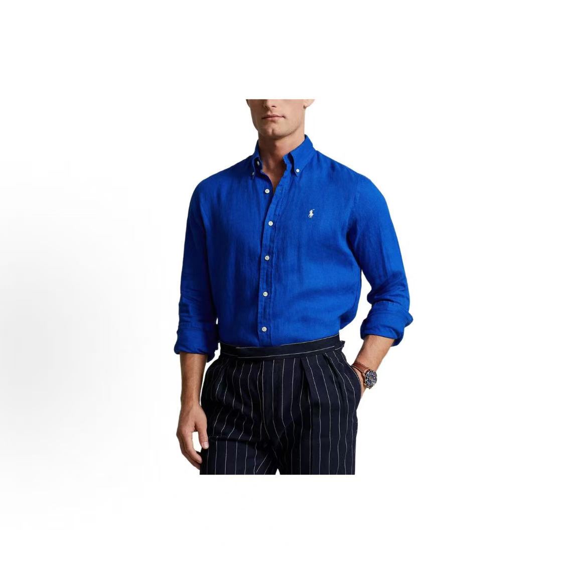 Ralph Lauren Solid-color Linen Collar Buttoned Long-Sleeved Shirt for Men - Blue