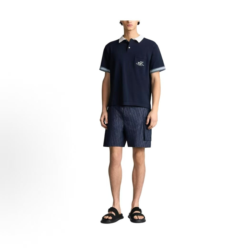 DIOR (Dior) Autumn 2025 Men's Collection - Knitted Plain Cotton Shirt in a Fitted Style by Christian Dior Couture with Lily-of-the-Valley Embroidery - Men's Style - Blue