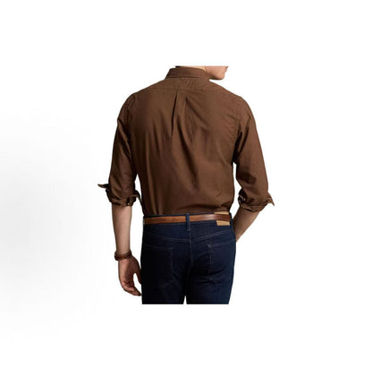 Ralph Lauren Logo Solid Color Single-Button Loose-Fitting Long-Sleeved Shirt for Men, Dark Color