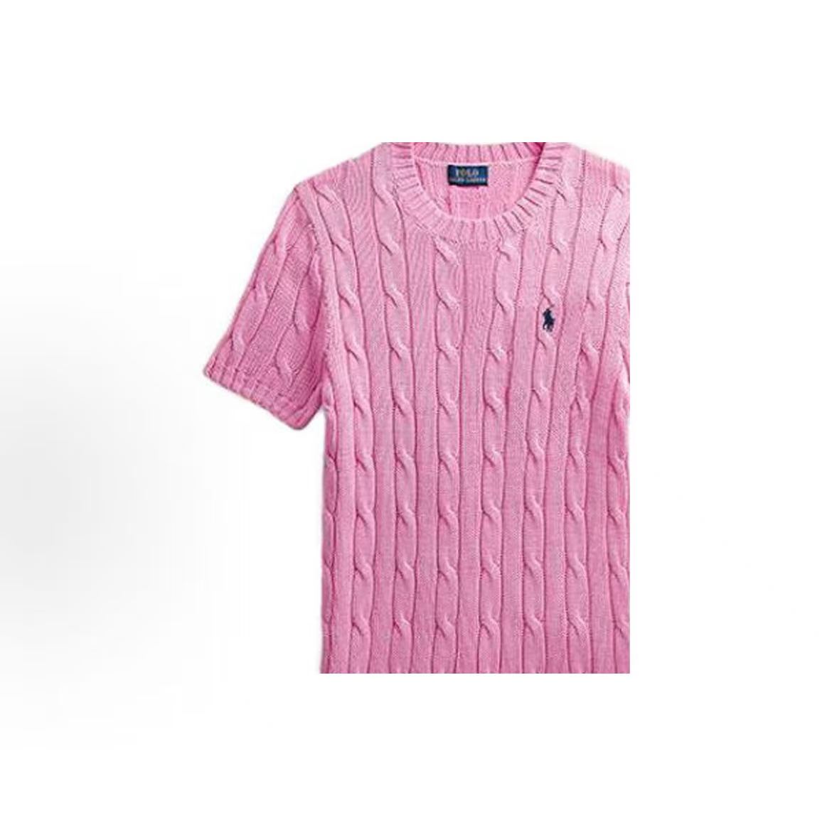 Ralph Lauren SS23 Solid-color Horse Logo Pattern Cozy Plaid Cotton Round-neck Pullover Short-sleeve Knit Dress (Standard Fit) for Women, Pink