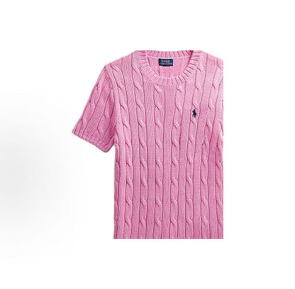 Ralph Lauren SS23 Solid-color Horse Logo Pattern Cozy Plaid Cotton Round-neck Pullover Short-sleeve Knit Dress (Standard Fit) for Women, Pink