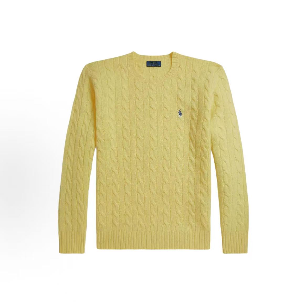 Ralph Lauren Petite Spurs Embroidered Solid Wool and Cashmere Blend Plaid Knit Round Neck Pullover Long Sleeve Ribbed Sleeve and Hem Sweater Standard Fit Men's Fall Yellow