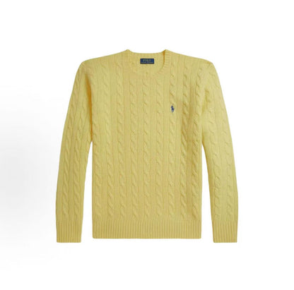 Ralph Lauren Petite Spurs Embroidered Solid Wool and Cashmere Blend Plaid Knit Round Neck Pullover Long Sleeve Ribbed Sleeve and Hem Sweater Standard Fit Men's Fall Yellow