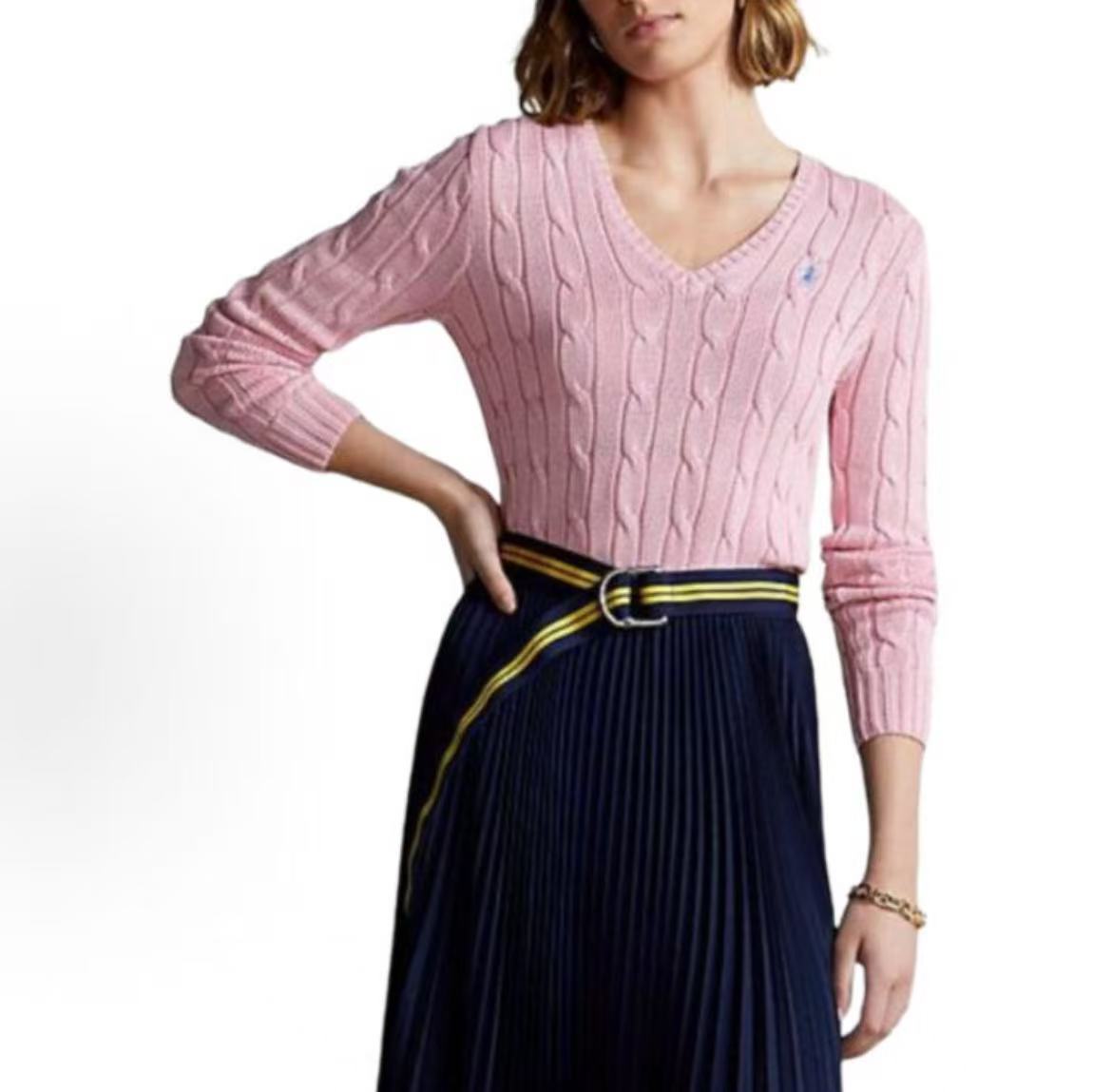 Ralph Lauren SS23 V-neck Long Sleeve Plaid Knit Shirt - Standard Fit - Women's Style