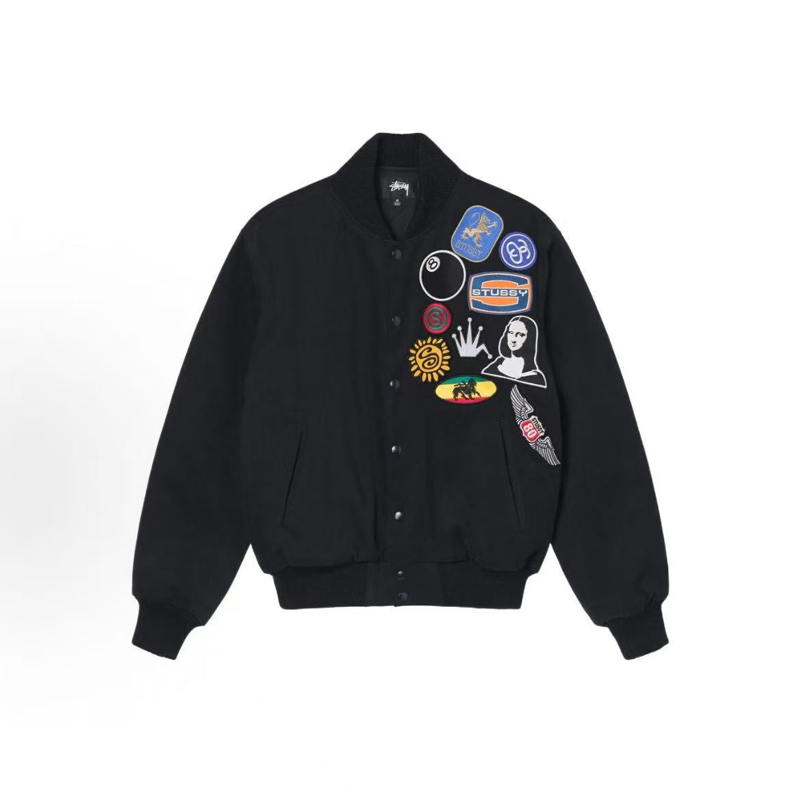 Stussy 2022 Spring Collection - Patterned Letter Print Single-Button Long-Sleeved Thick-Comfortable Baseball Jacket for Men - Black