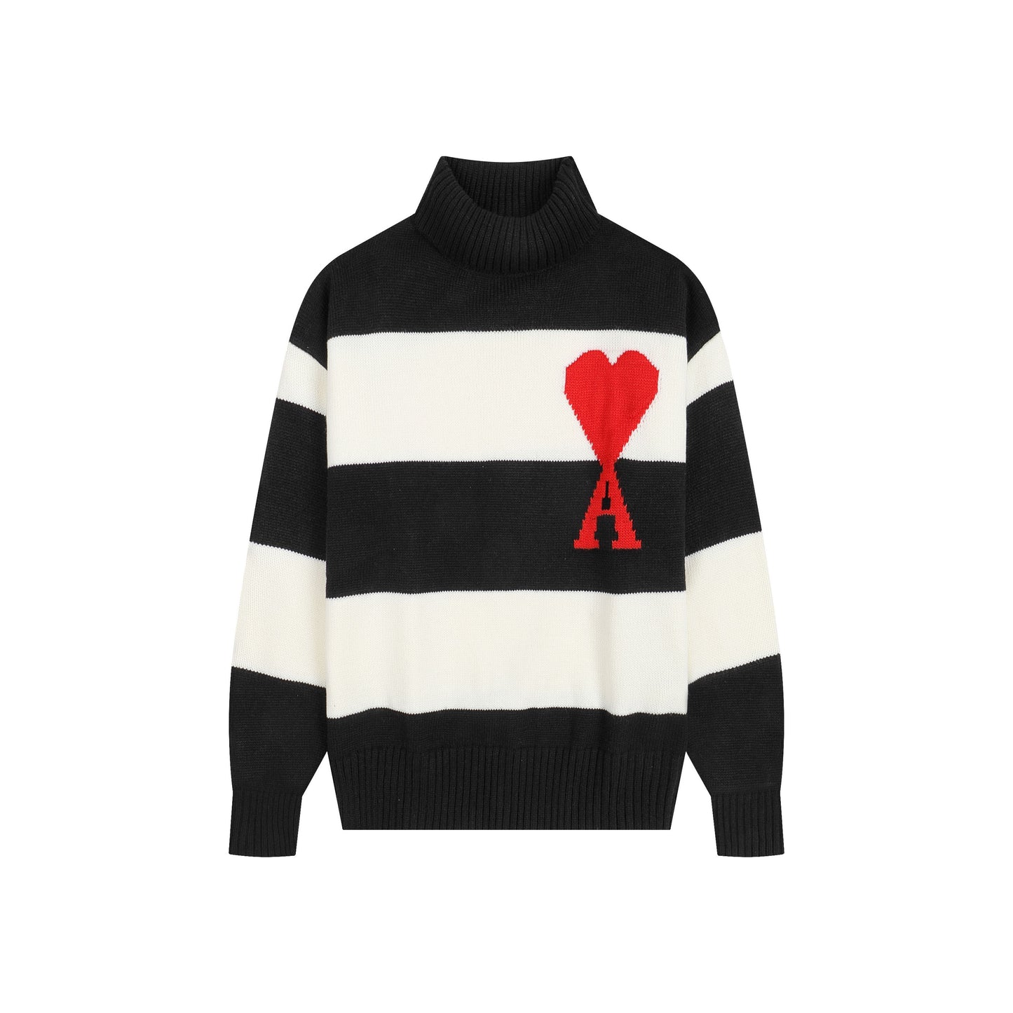 AMI Big Logo Turtleneck Stripe Sweater Cream/Black