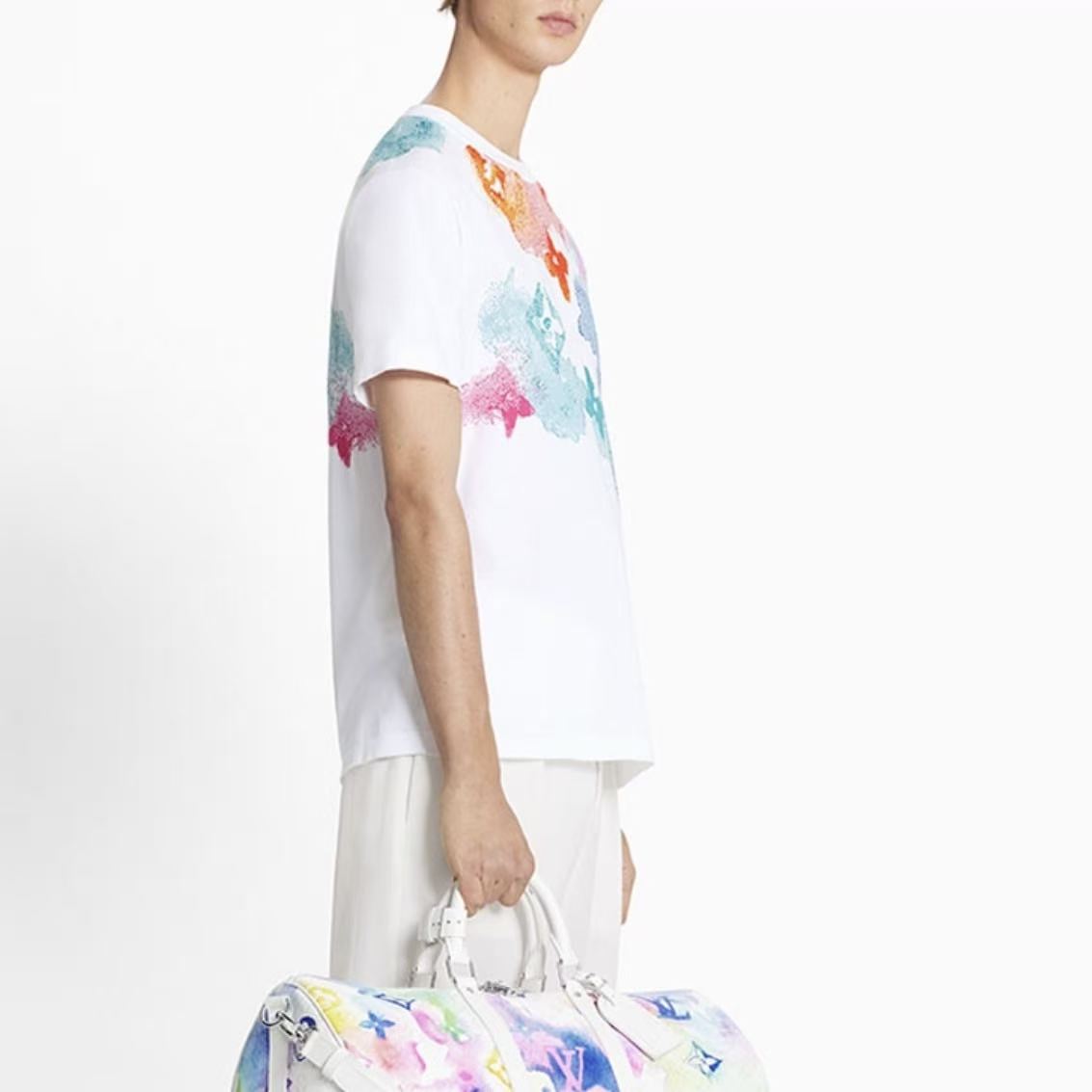 LOUIS VUITTON Ink-Style Logo Letter Print Round Neck Short Sleeve T-Shirt for Men, Patterned