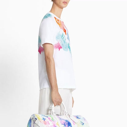 LOUIS VUITTON Ink-Style Logo Letter Print Round Neck Short Sleeve T-Shirt for Men, Patterned