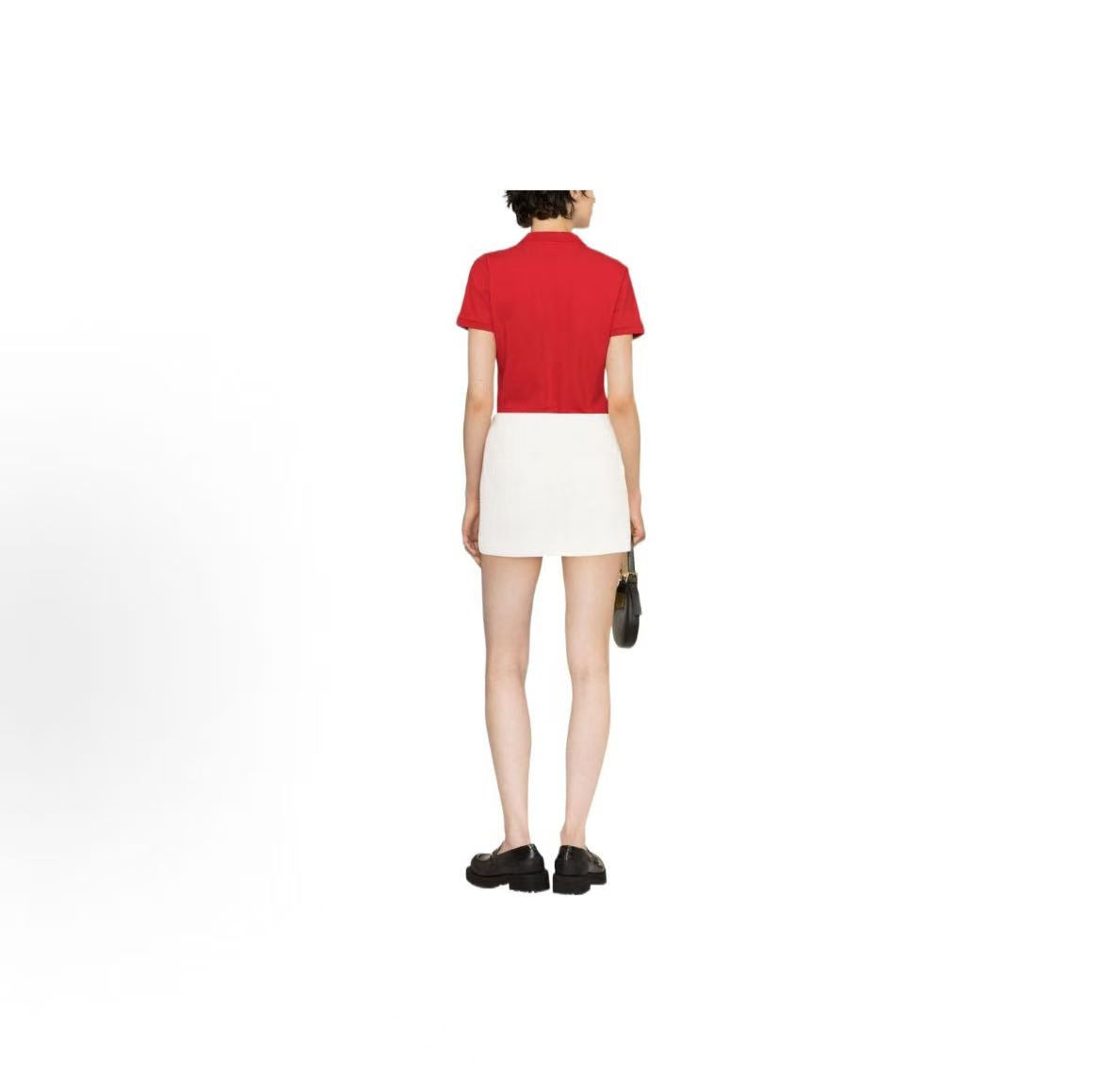 Ralph Lauren Petite Spurs Embroidered Solid Breathable Stretch Cotton Mesh Five-Pocket Polo Collar Hooded Short Sleeve Ribbed Sleeve Cap Polo Shirt - Slim Fit - Women's - Red with Navy Blue Pattern