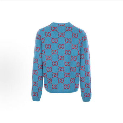 GUCCI SS22 GG Embroidered Knitted Wool Sweater for Men - Blue