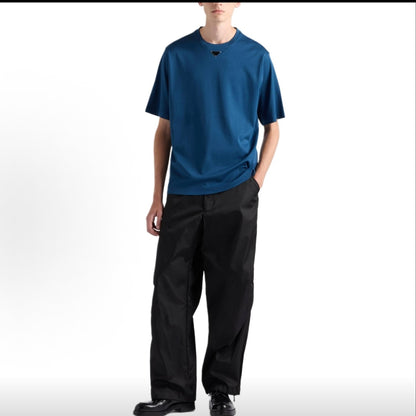 PRADA SS25 Spring/Summer Men's Collection - Solid Cotton Logo T-Shirt with Round Neck and Hooded Short Sleeve - Men's Style - Blue