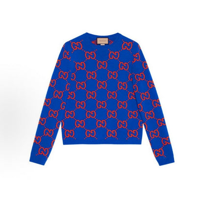 GUCCI SS22 GG Knitted Round-neck Pullover Wool Sweater for Men - Blue