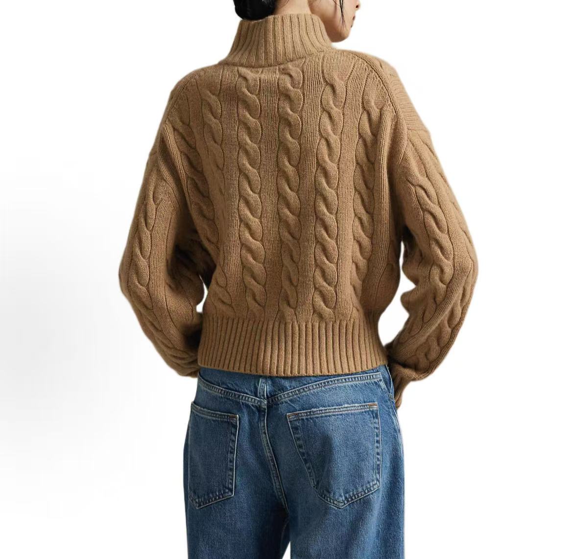 Ralph Lauren Petite Spurs Embroidery Solid Wool and Cashmere Blend Plaid Wrapped Buttoned Half-Zip High Neck Pullover Long Sleeve Ribbed Sleeveless Skirt Coat Sweater Loose Fit Women's Size Camel Color