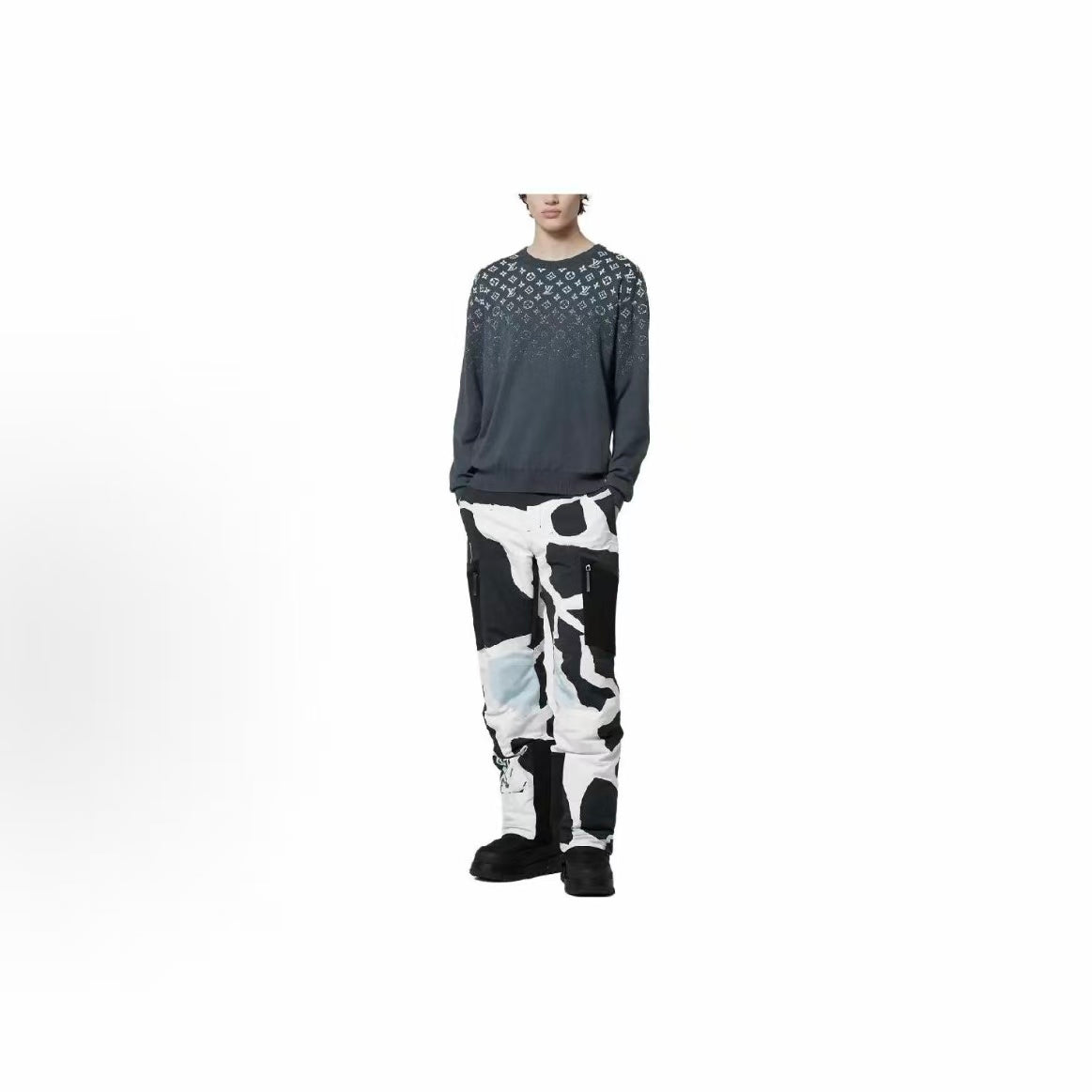 LOUIS VUITTON FW23 Gradient Logo Print Round-neck Sweater for Men-gray