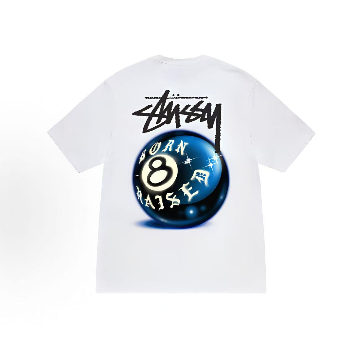 Stussy x BORN x RAISED Collaboration Collection SS23 8 BALL TEE - A white round-neck short-sleeved American retro T-shirt with 8-ball and 8-table tennis prints, available for both men and women.