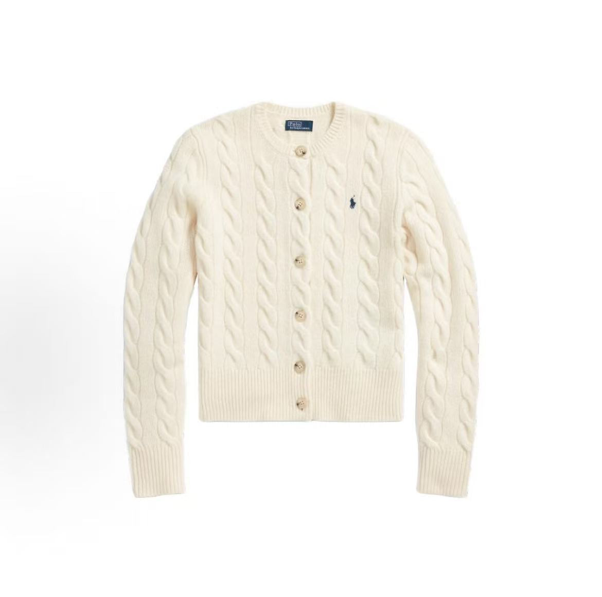 Ralph Lauren Chinese Valentine's Day Collection FW24 Solid-color Small Spikes Embroidered Round-neck Single-button Long-sleeved Sweater Short-Sleeve Form-fitting Women's White