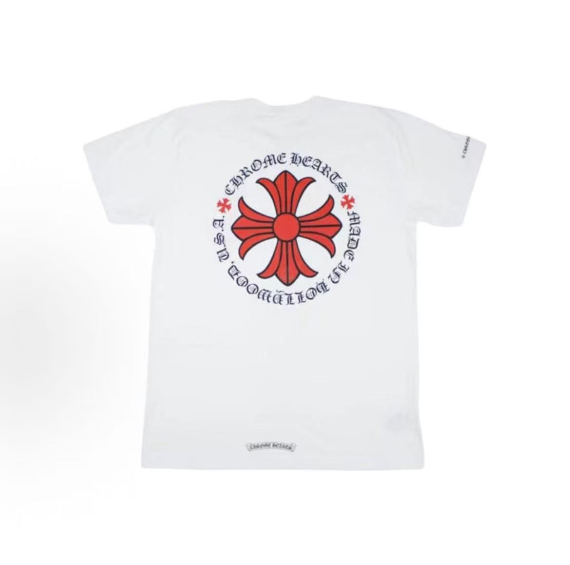 Chrome Hearts Back Red Cross Sanskrit Letters Horse-Shoe T-Shirt - Same Style for Both Men and Women, Couple's Item, White